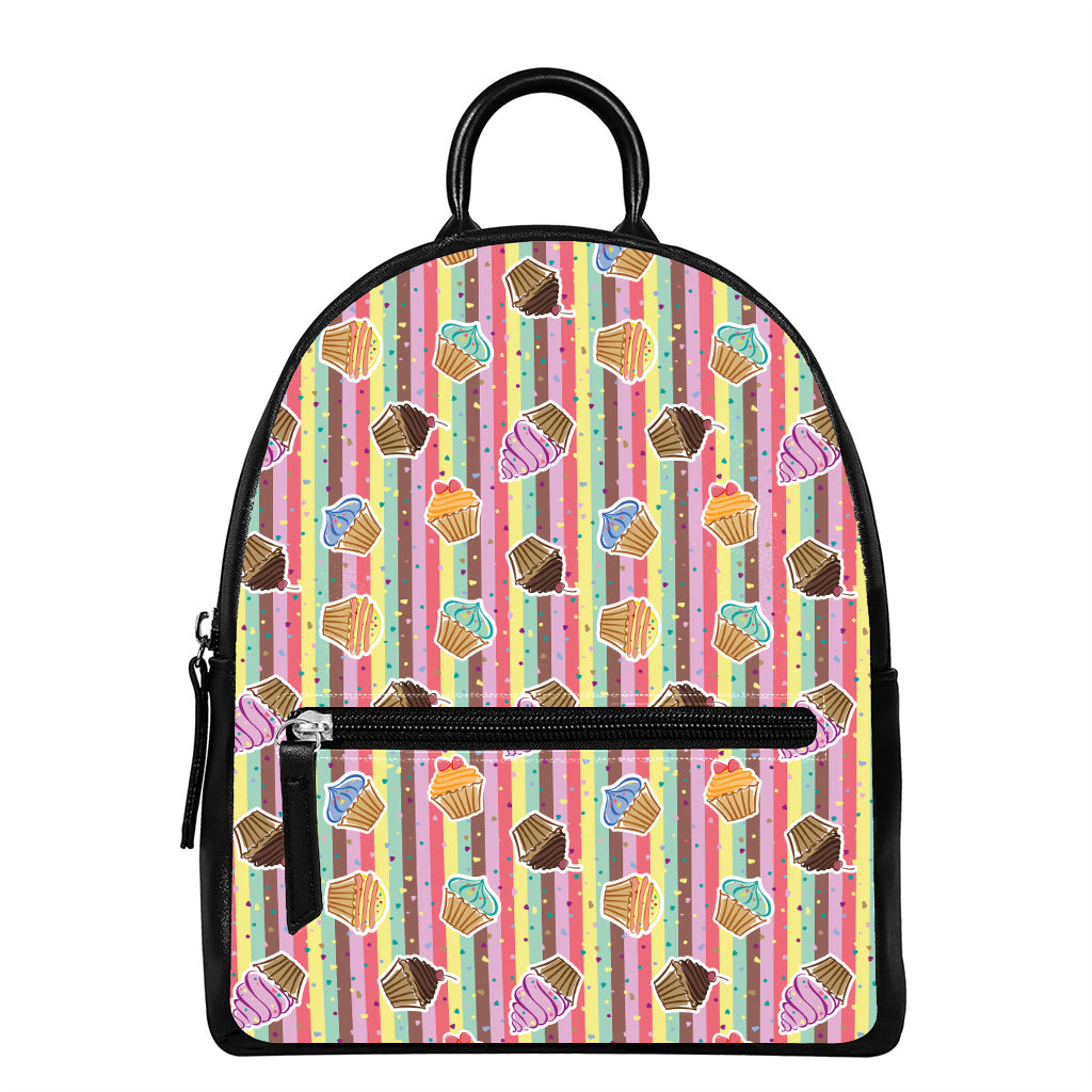 Pastel Striped Cupcake Pattern Print Leather Backpack