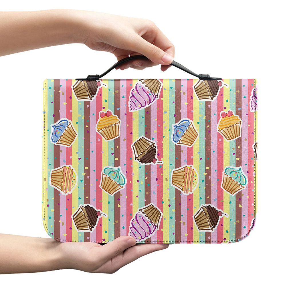 Pastel Striped Cupcake Pattern Print Leather Bible Cover