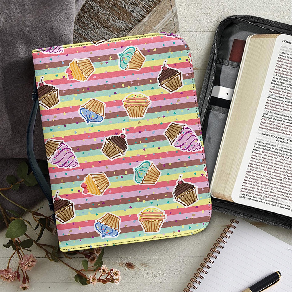 Pastel Striped Cupcake Pattern Print Leather Bible Cover