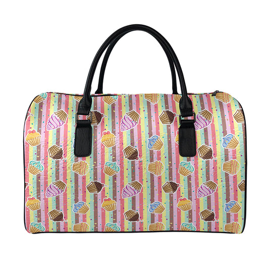 Pastel Striped Cupcake Pattern Print Leather Duffle Bag
