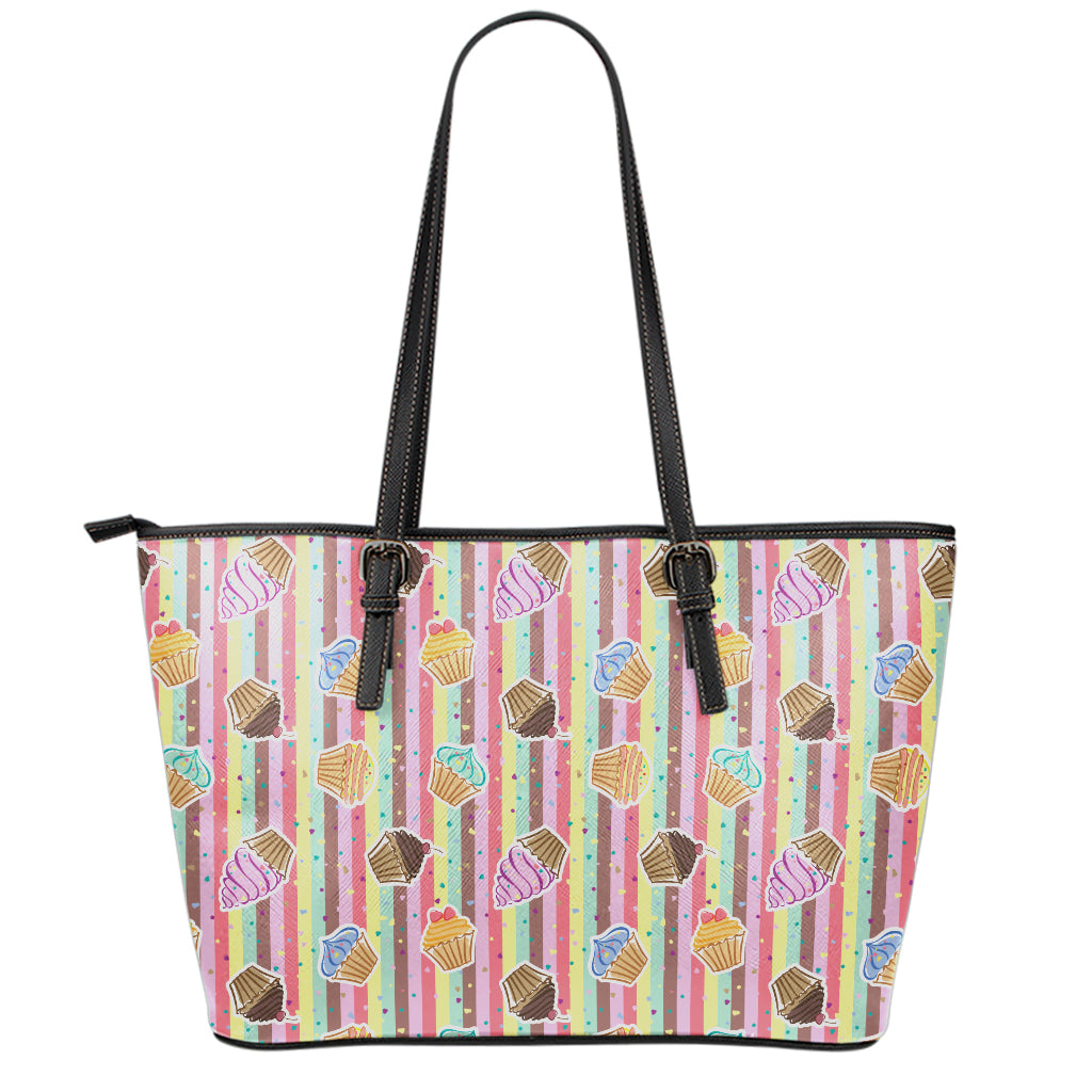 Pastel Striped Cupcake Pattern Print Leather Tote Bag