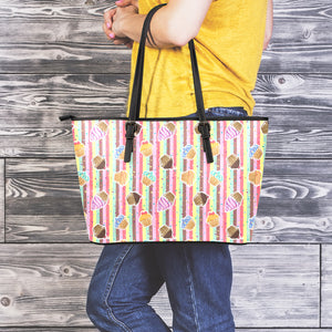 Pastel Striped Cupcake Pattern Print Leather Tote Bag