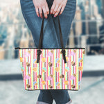 Pastel Striped Cupcake Pattern Print Leather Tote Bag