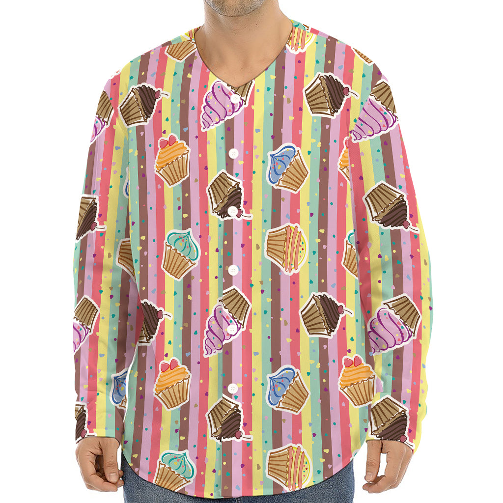 Pastel Striped Cupcake Pattern Print Long Sleeve Baseball Jersey