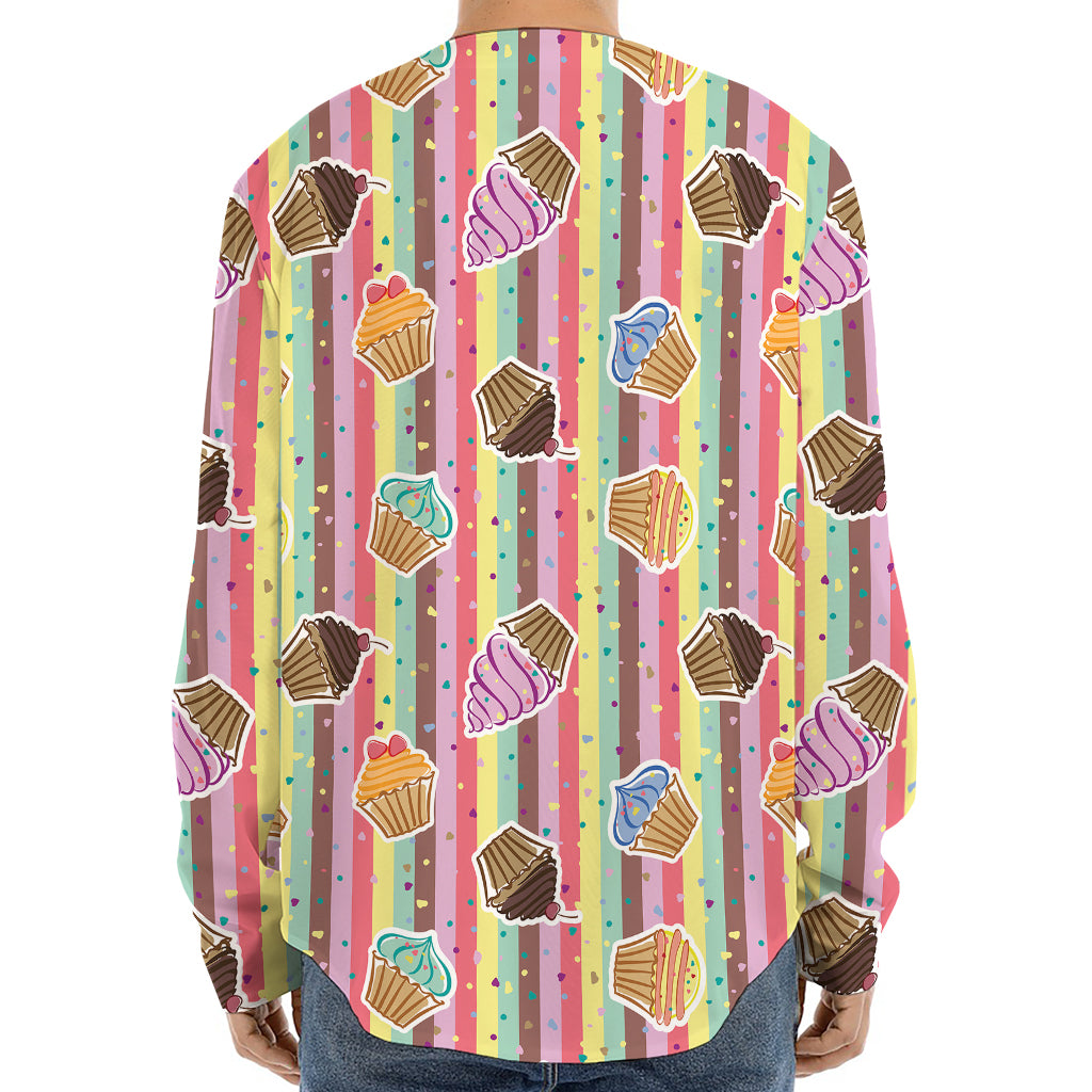 Pastel Striped Cupcake Pattern Print Long Sleeve Baseball Jersey