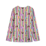 Pastel Striped Cupcake Pattern Print Long Sleeve Short Coat