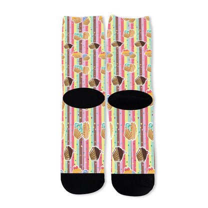 Pastel Striped Cupcake Pattern Print Long Socks