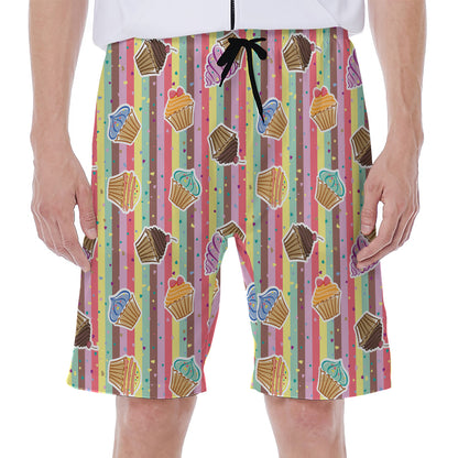 Pastel Striped Cupcake Pattern Print Men's Beach Shorts