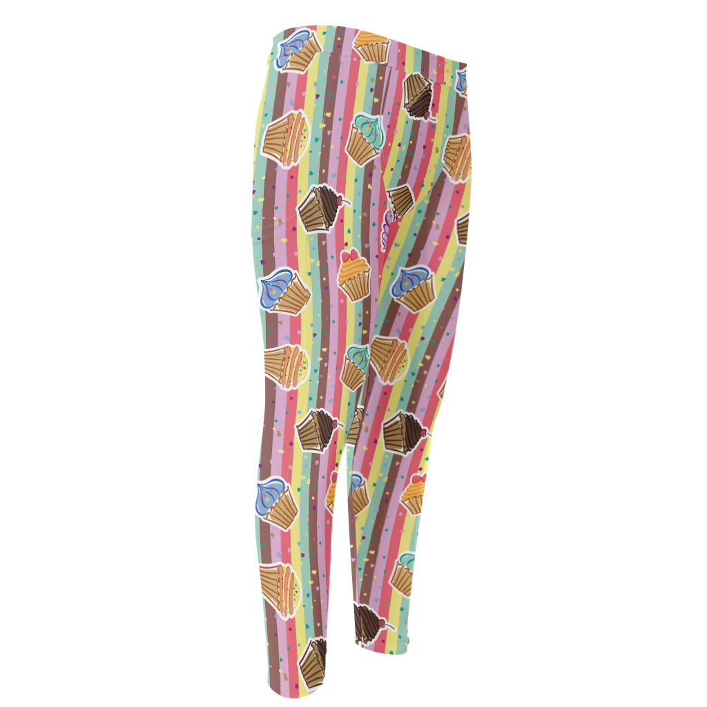 Pastel Striped Cupcake Pattern Print Men's Compression Pants