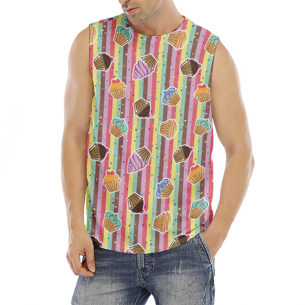 Pastel Striped Cupcake Pattern Print Men's Fitness Tank Top