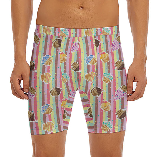 Pastel Striped Cupcake Pattern Print Men's Long Boxer Briefs