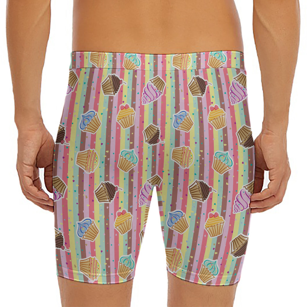 Pastel Striped Cupcake Pattern Print Men's Long Boxer Briefs