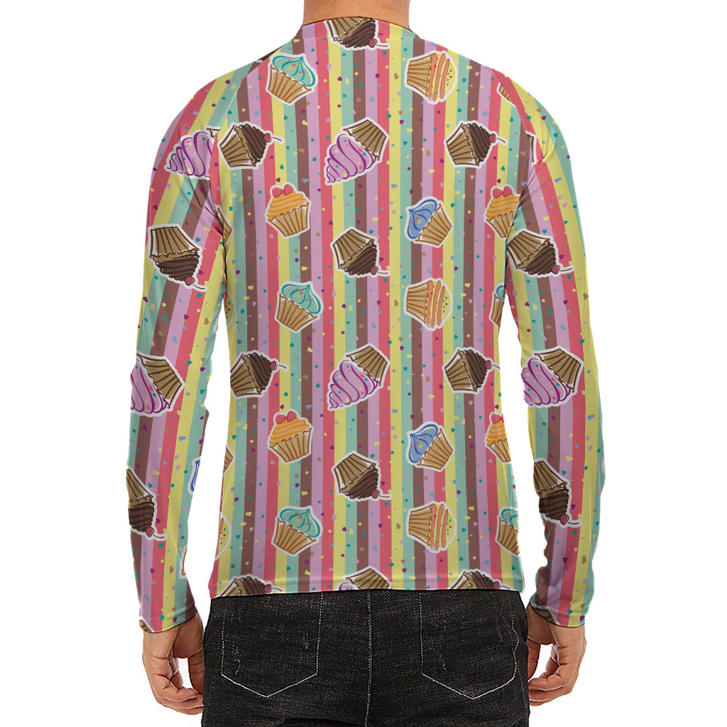 Pastel Striped Cupcake Pattern Print Men's Long Sleeve Rash Guard