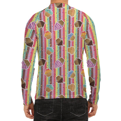 Pastel Striped Cupcake Pattern Print Men's Long Sleeve Rash Guard