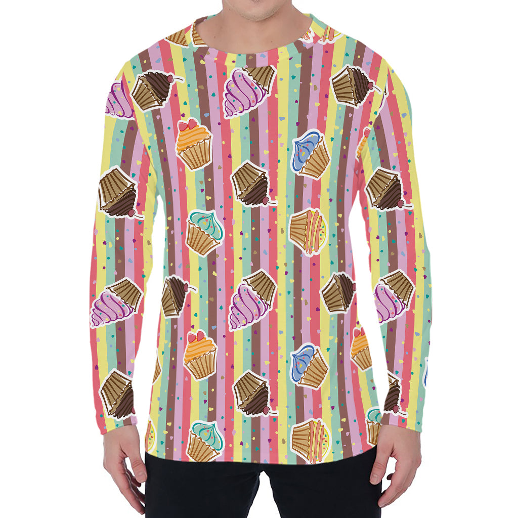 Pastel Striped Cupcake Pattern Print Men's Long Sleeve T-Shirt