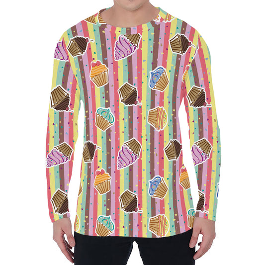 Pastel Striped Cupcake Pattern Print Men's Long Sleeve T-Shirt