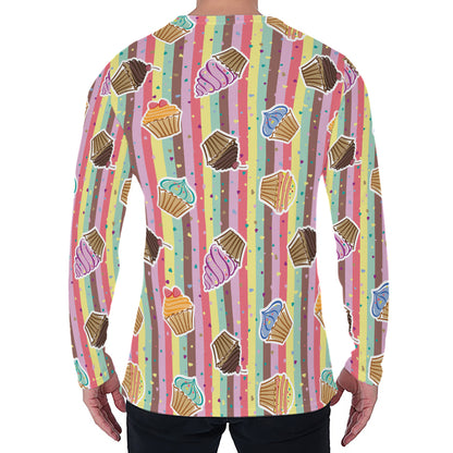 Pastel Striped Cupcake Pattern Print Men's Long Sleeve T-Shirt