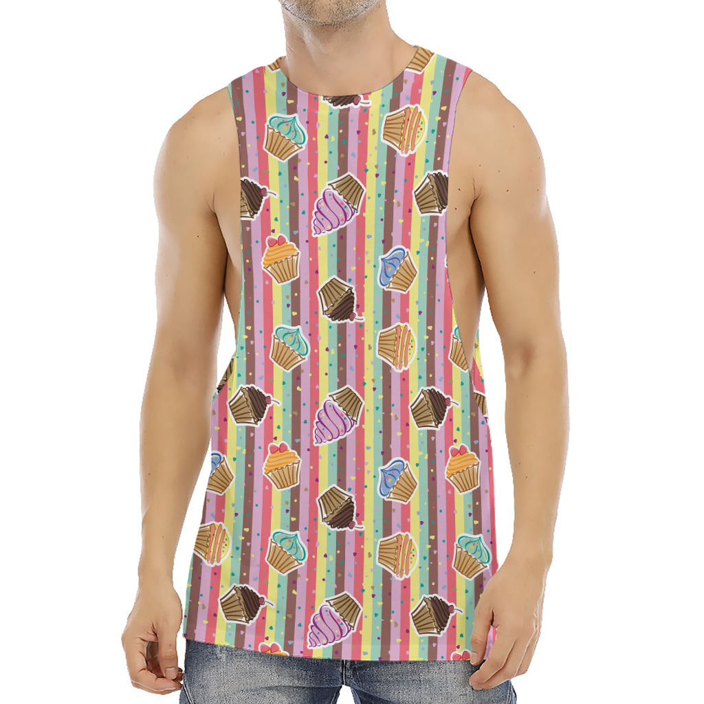 Pastel Striped Cupcake Pattern Print Men's Muscle Tank Top