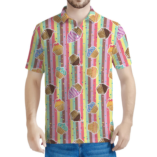 Pastel Striped Cupcake Pattern Print Men's Polo Shirt
