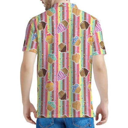 Pastel Striped Cupcake Pattern Print Men's Polo Shirt
