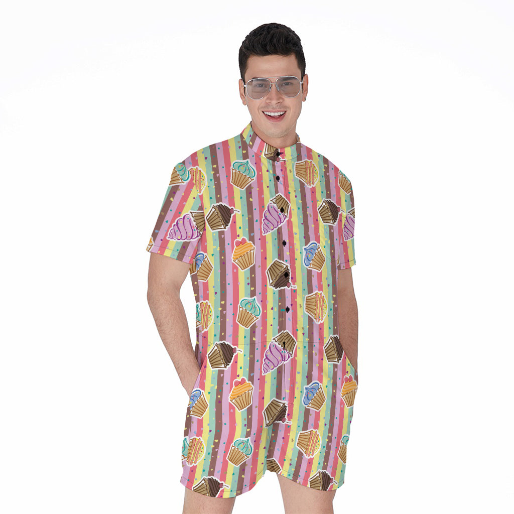 Pastel Striped Cupcake Pattern Print Men's Rompers