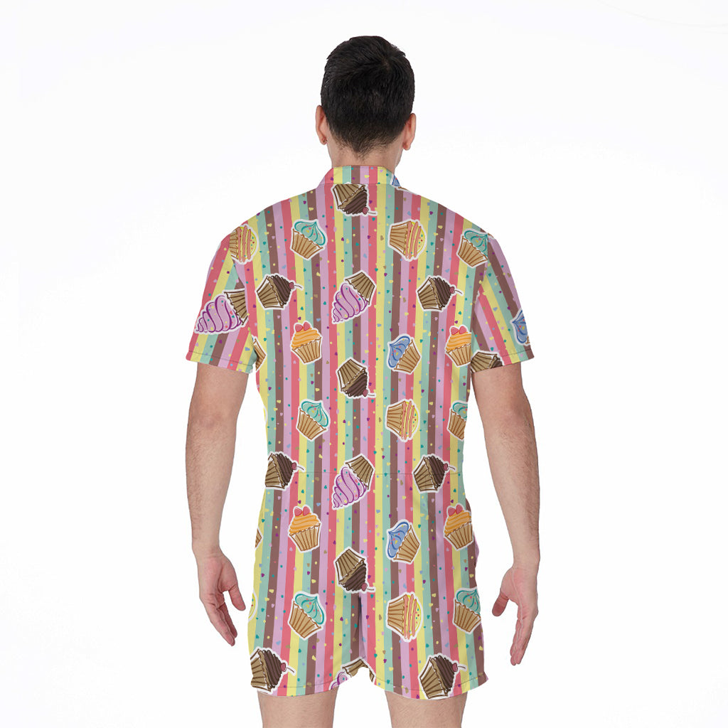 Pastel Striped Cupcake Pattern Print Men's Rompers