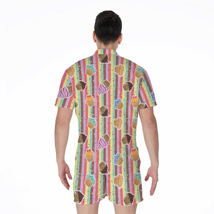 Pastel Striped Cupcake Pattern Print Men's Rompers