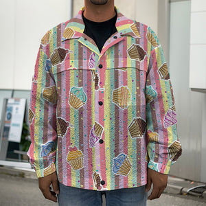 Pastel Striped Cupcake Pattern Print Men's Shirt Jacket