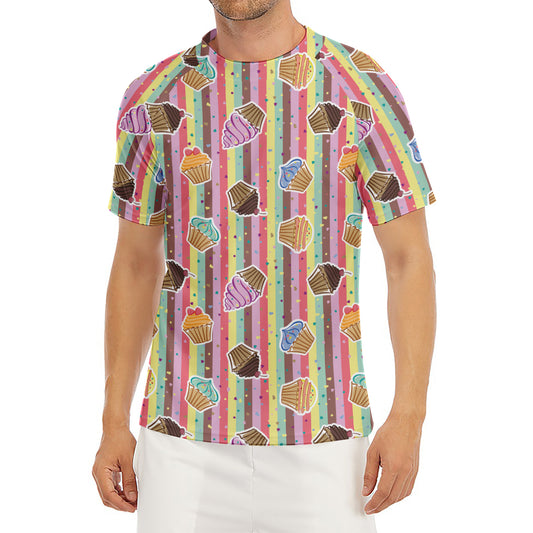Pastel Striped Cupcake Pattern Print Men's Short Sleeve Rash Guard