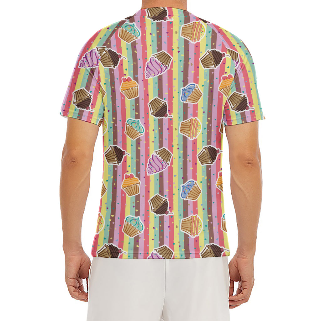 Pastel Striped Cupcake Pattern Print Men's Short Sleeve Rash Guard