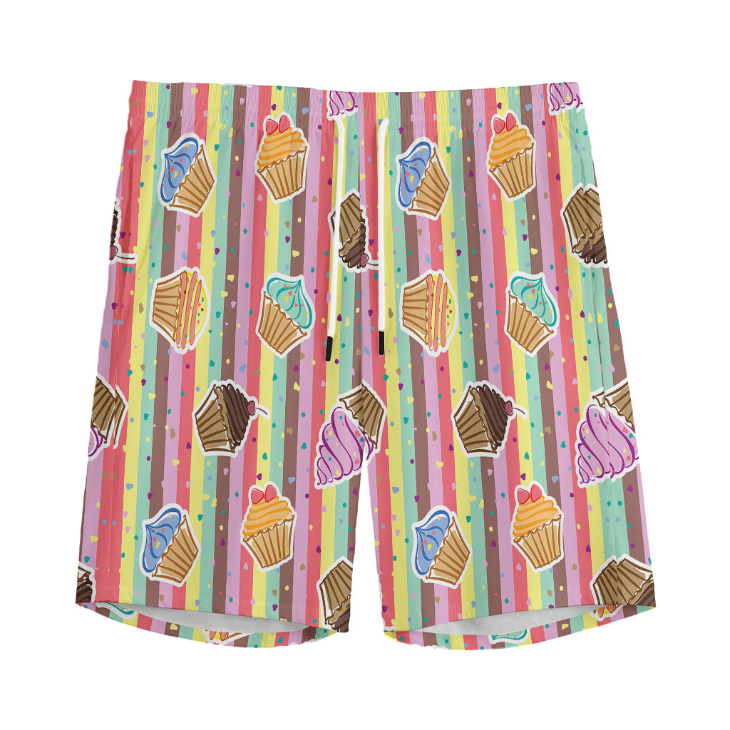 Pastel Striped Cupcake Pattern Print Men's Sports Shorts