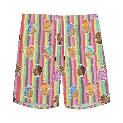 Pastel Striped Cupcake Pattern Print Men's Sports Shorts