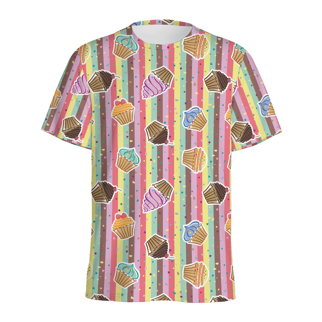 Pastel Striped Cupcake Pattern Print Men's Sports T-Shirt