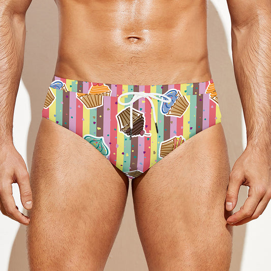 Pastel Striped Cupcake Pattern Print Men's Swim Briefs
