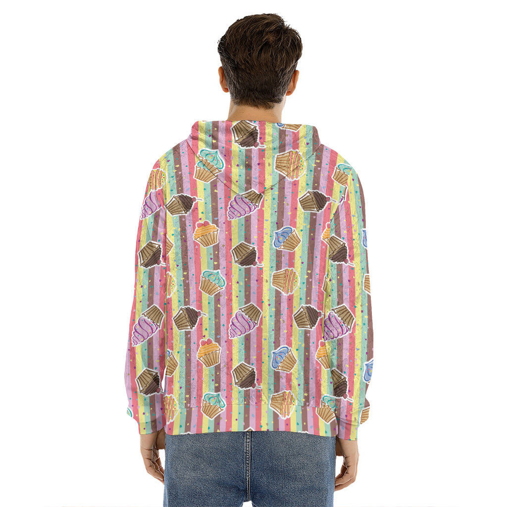 Pastel Striped Cupcake Pattern Print Men's Velvet Pullover Hoodie