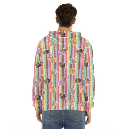 Pastel Striped Cupcake Pattern Print Men's Velvet Pullover Hoodie