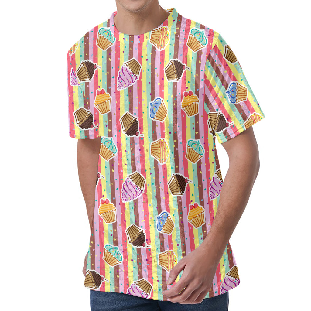 Pastel Striped Cupcake Pattern Print Men's Velvet T-Shirt