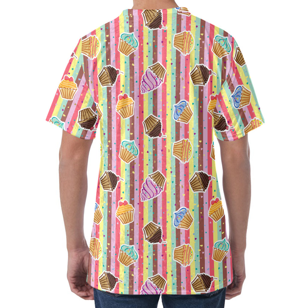 Pastel Striped Cupcake Pattern Print Men's Velvet T-Shirt