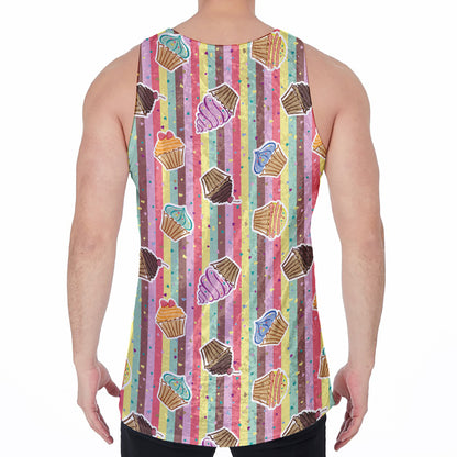 Pastel Striped Cupcake Pattern Print Men's Velvet Tank Top