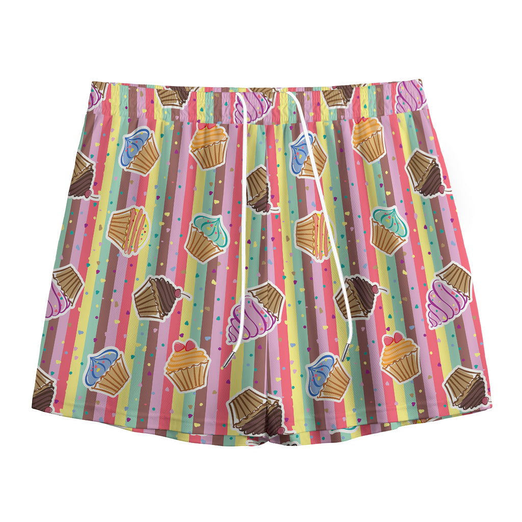 Pastel Striped Cupcake Pattern Print Mesh Shorts