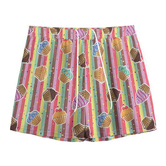 Pastel Striped Cupcake Pattern Print Mesh Shorts