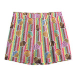 Pastel Striped Cupcake Pattern Print Mesh Shorts