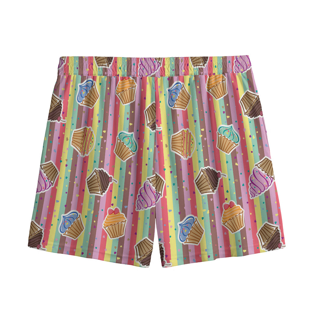 Pastel Striped Cupcake Pattern Print Mesh Shorts