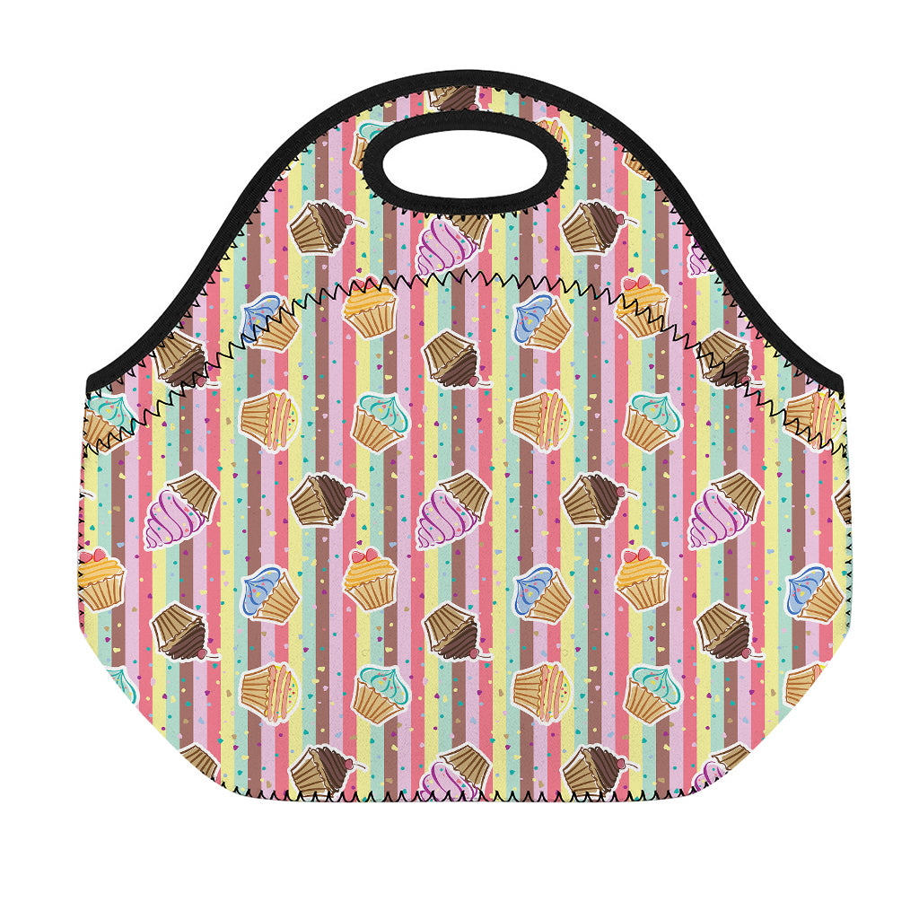 Pastel Striped Cupcake Pattern Print Neoprene Lunch Bag