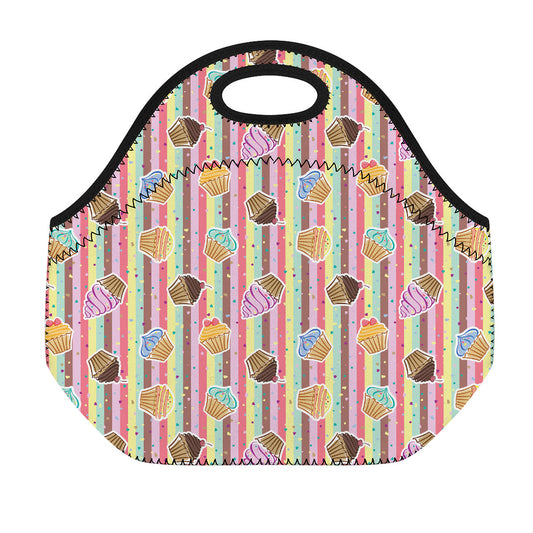 Pastel Striped Cupcake Pattern Print Neoprene Lunch Bag