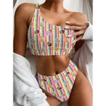 Pastel Striped Cupcake Pattern Print One Shoulder Bikini Top