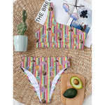 Pastel Striped Cupcake Pattern Print One Shoulder Bikini Top