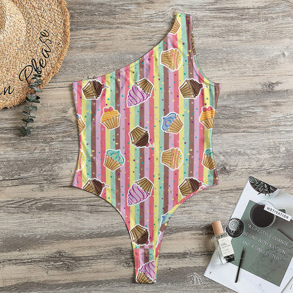 Pastel Striped Cupcake Pattern Print One Shoulder Bodysuit