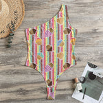 Pastel Striped Cupcake Pattern Print One Shoulder Bodysuit