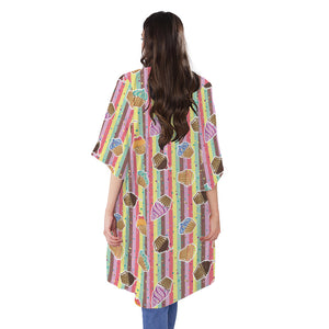 Pastel Striped Cupcake Pattern Print Open Front Beach Cover Up